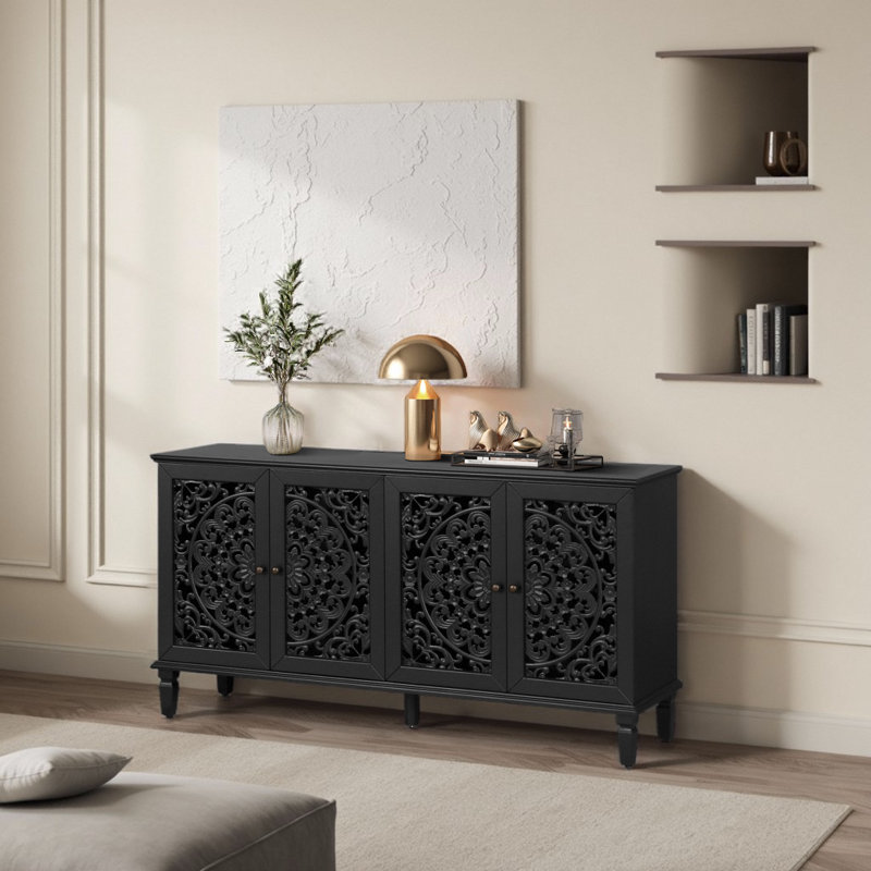 Traditional 60"W Carved Sideboard with Door and Solid Wood Legs, Black
