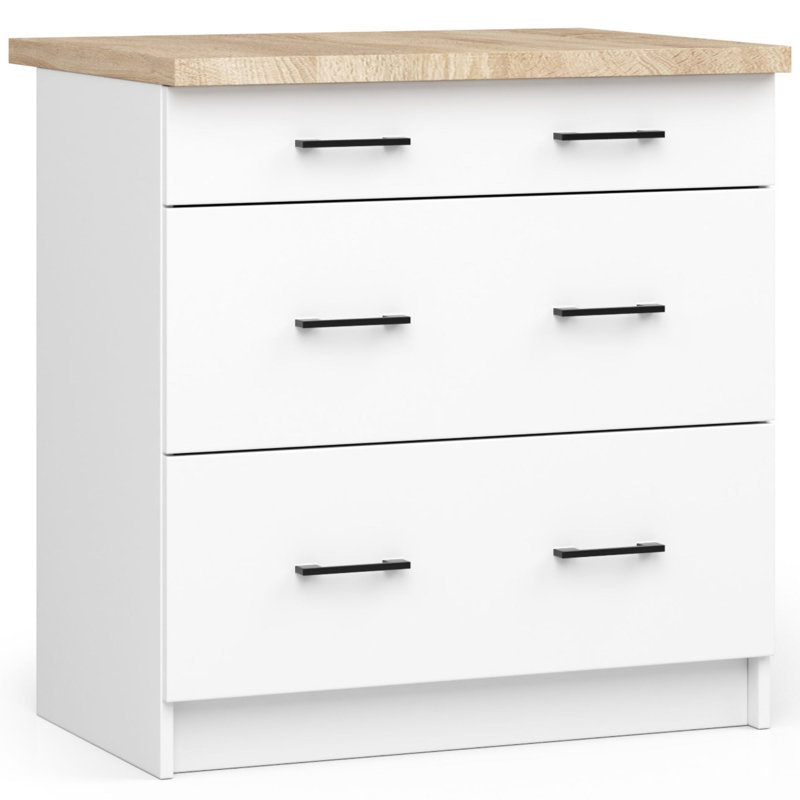The kitchen base cabinet is white