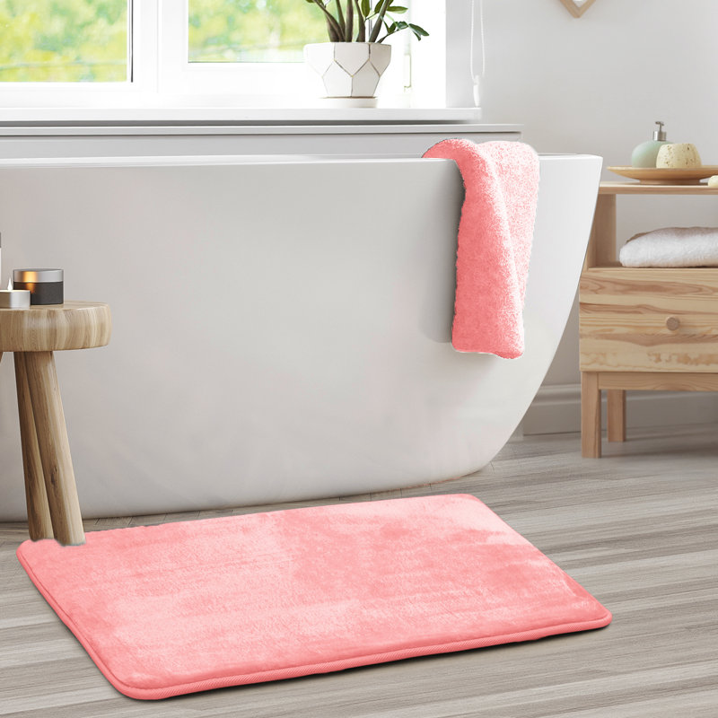 Tapis de bain en mousse viscoélastique ultra-doux avec envers antidérapant en PVC, Grand: L 32 po x l 20 po, Corail / Rose