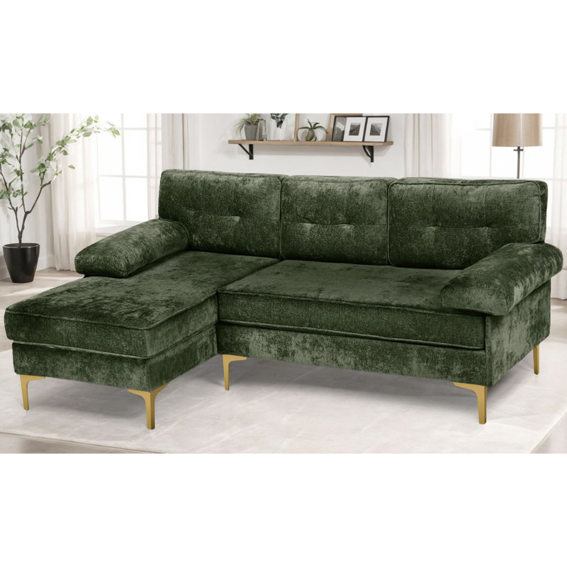 L-Shaped Velvet Reversible Sleeper Sofa, Gold, Green Velvet