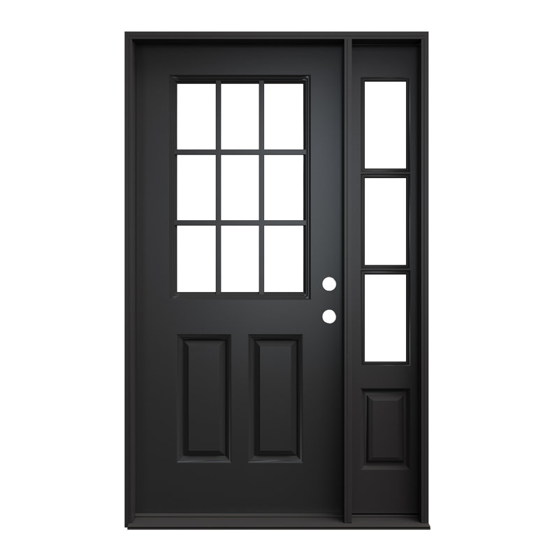 Entry Front Exterior Steel Door 36" x 80" Painted Black 9-Lite Clear Glass Prehung Door Fixed Single Sidelite Black 3-Lite Clear Glass Door With Jamb, Left-Hand Inswing (Not Included Hardware Kit)