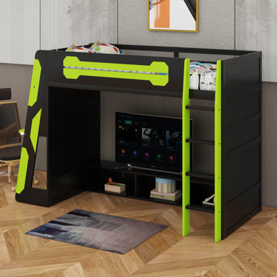 Lit mezzanine simple avec bureau et lumières RVB, structure de lit mezzanine en bois avec tablettes de rangement et station de charge