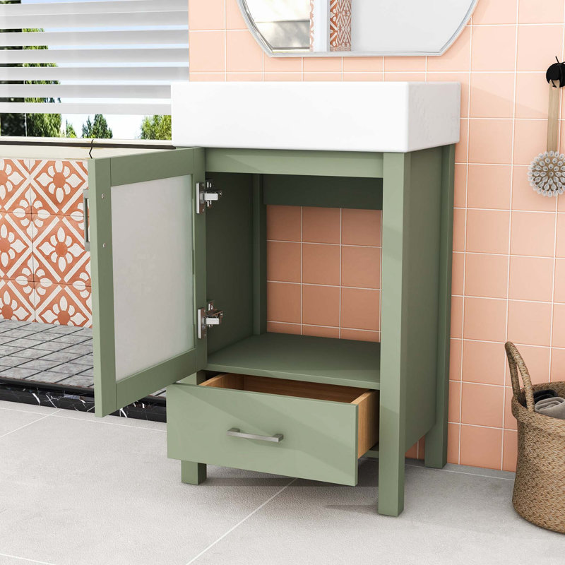 Meuble-lavabo de salle de bain avec lavabo en céramique, porte à fermeture en douceur et beaucoup de rangement, Vert