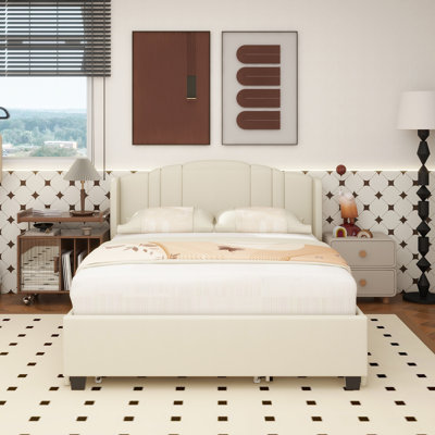 Lit plateforme tapissier avec tête de lit à oreilles, un lit gigogne simple et 2 tiroirs, aucun sommier nécessaire, tissu en lin, grand