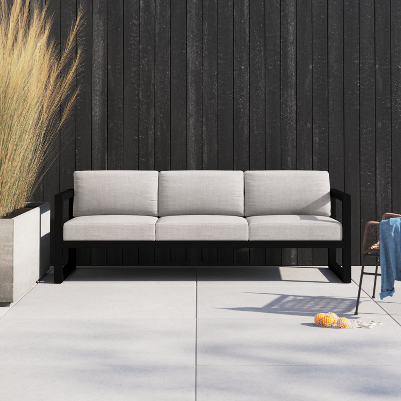 Smith 84.25'' Wide Rectangle Powder Coated Aluminum Patio Sofa with Sunbrella® Cushions, Cast Silver Sunbrella®, Black