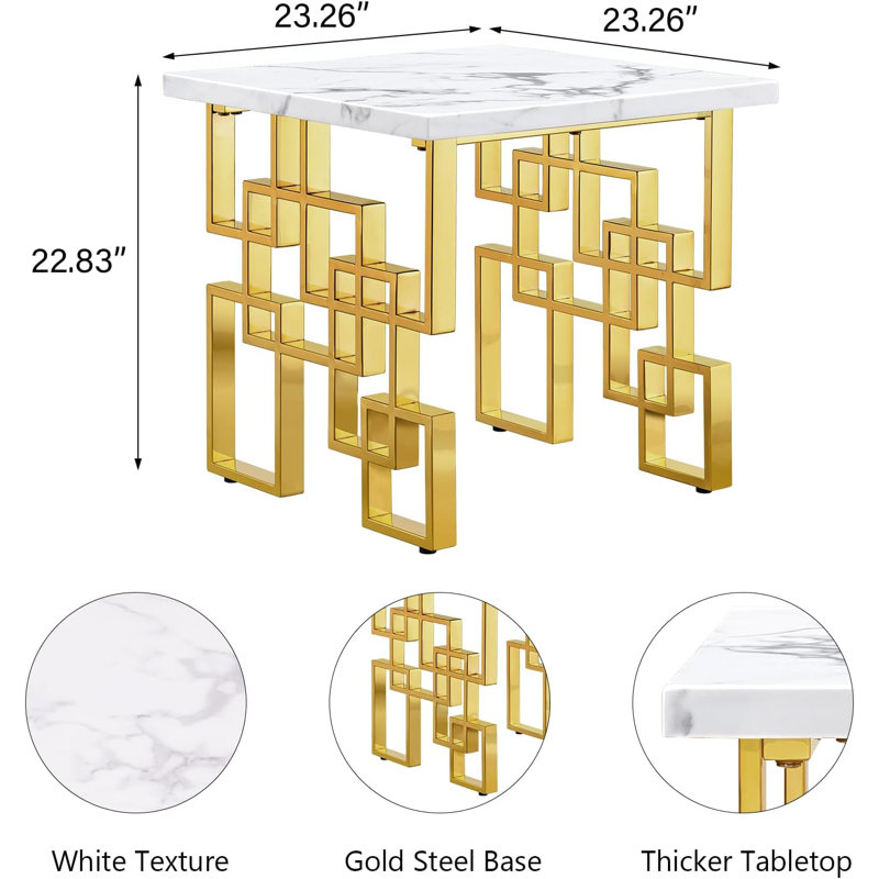 Yendy Solid Wood Top End Table, White Top/Gold Base
