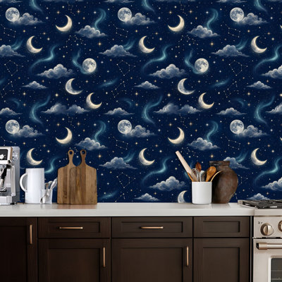 Peel and Stick Wallpaper Celestial Night Sky Moon Clouds Stars Constellations Contact Paper Removable Self Adhesive Wall Mural Wall Decor for Bedroom Kitchen Cabinets 17.7in x 118in