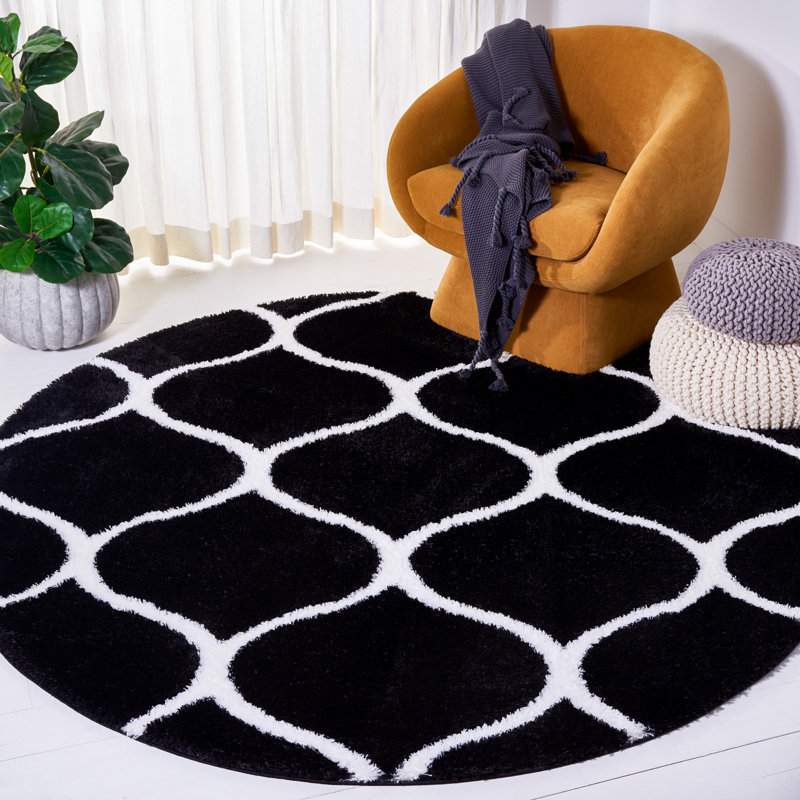 Tapis noir / blanc à motif géométrique Fiffia, Rond 6 pi 7 po