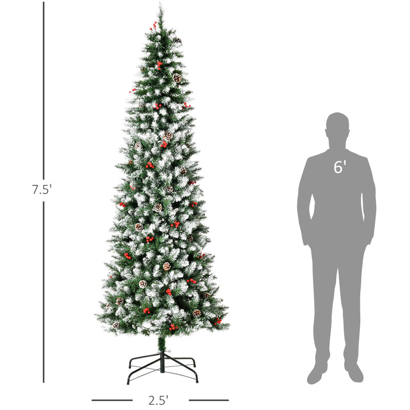 Arbre de Noël 7,5 pi avec 350 lumières à DEL, 1075 pointes, pin, baies rouges, vaste attrait artificiel