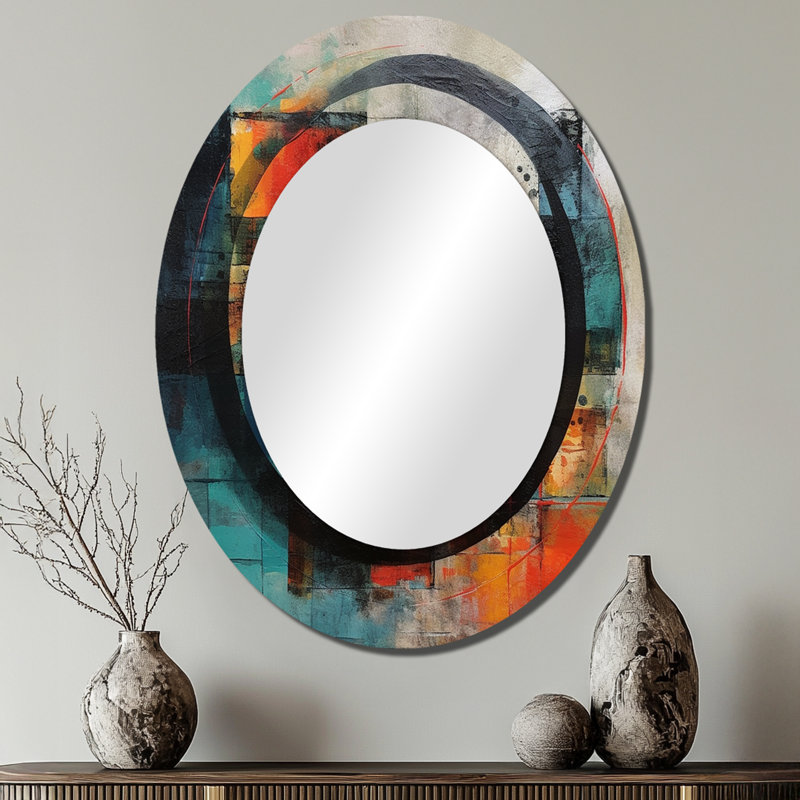 Geometric Serenity III - Miroir décoratif ovale abstrait sur métal, 40 po x 30 po