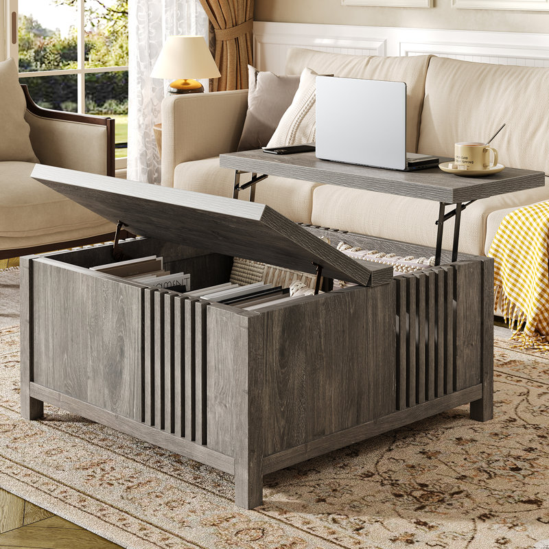 Farmhouse Lift Top Coffee Table With Storage, 35" Square Large Coffee Table With Hidden Compartment, Rustic Wood Center Table For Living Room, Grey Oak