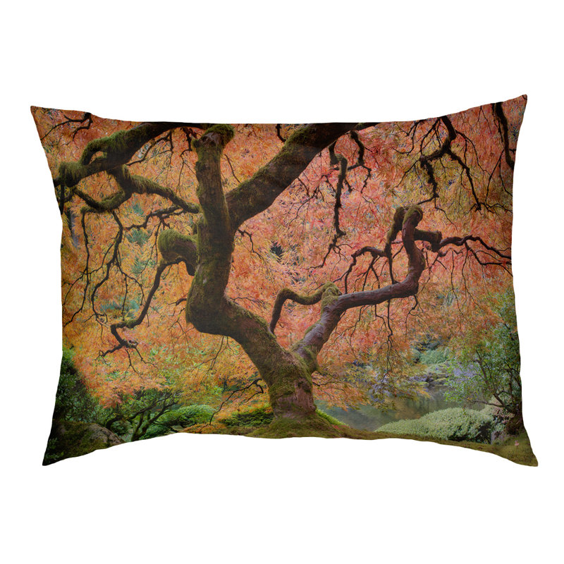 Coussin de designer de l’arbre d’érable japaneses Burkey, L 19,5 po x l 29,5 po, Orange / Brun foncé