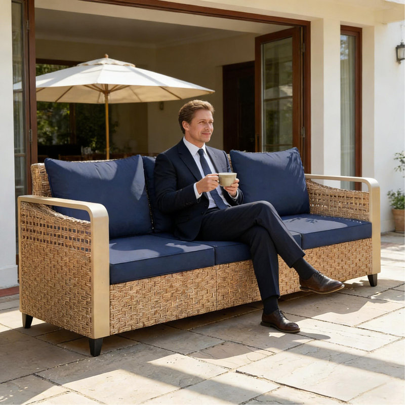 Outdoor Patio Sofa,Garden Rattan Wicker Sofa, Dark Blue