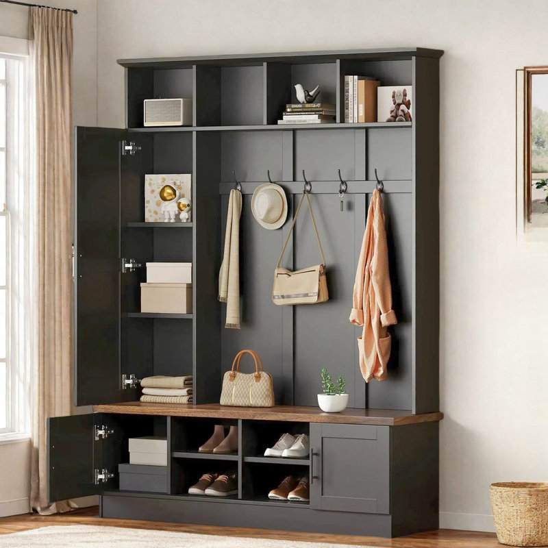 3-in-1 Hall Tree With 6 Hooks, Bench, Left Cabinet With Adjustable Shelves And Open Compartments, Black
