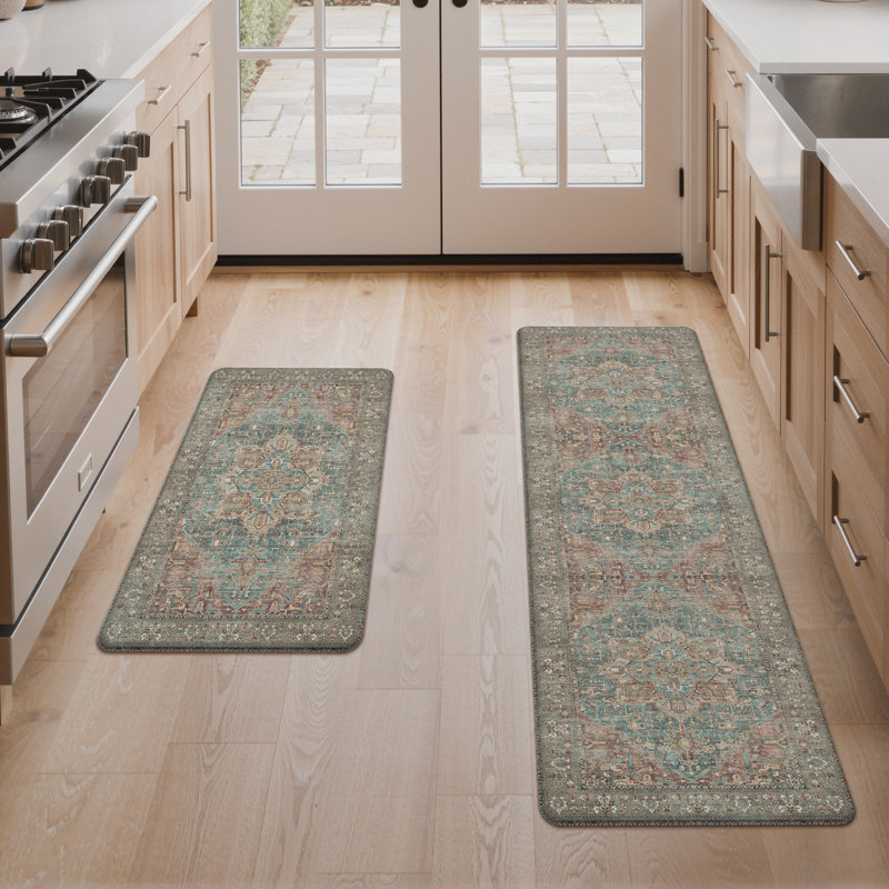 Anti-Fatigue Anti-Slip Waterproof Kitchen Mat, Runner 17" x 59"+17" x 30", Red/Brown/Green