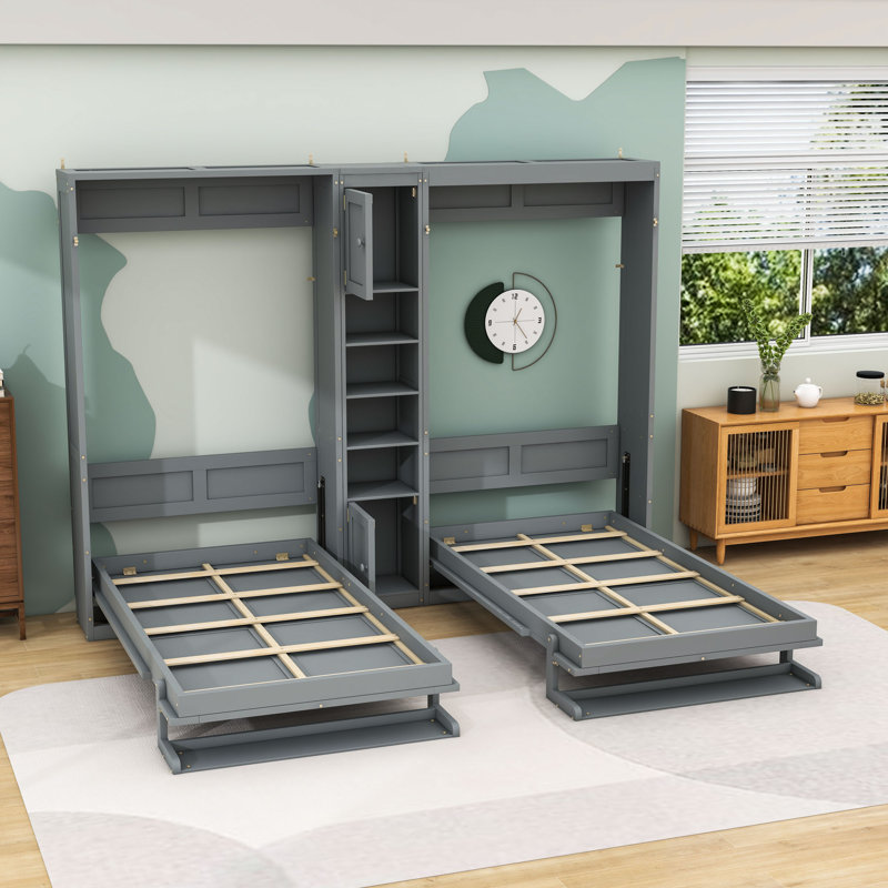 Lit escamotable simple et simple en bois avec armoires et tablettes, gris