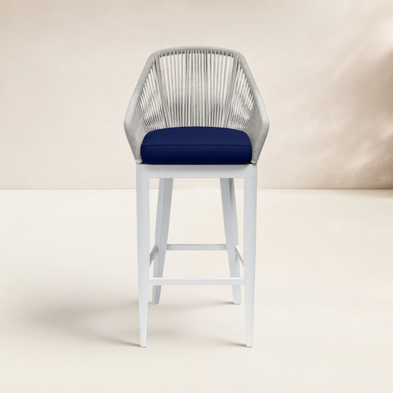 Miami Outdoor Bar Stool, Dupione Celeste Sunbrella®, White