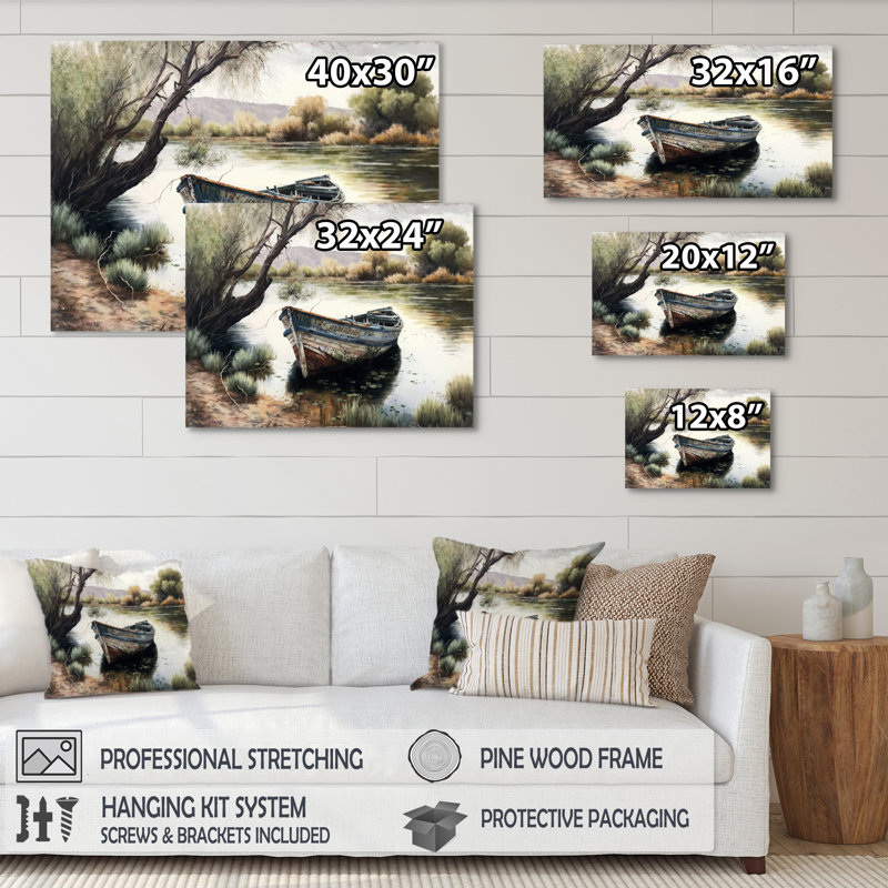 Fishing Boat in the River - Print on Canvas, 16" H x 32" W x 1" D, Wrapped Canvas
