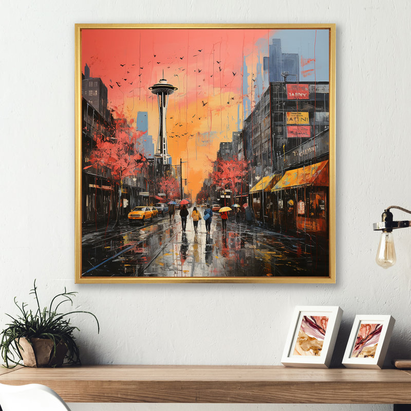 Pop Art Seattle Cityscape Views - Seattle, art mural, Cadre flottant noir, H 36 po x l 36 po x P 1,5 po