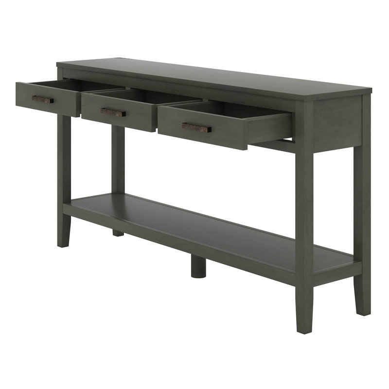 62.2" Farmhouse Entryway Table With 3 Drawers, Painted Console Table With Bottom Shelf & Metal Handles, Adjustable Feet, Gray