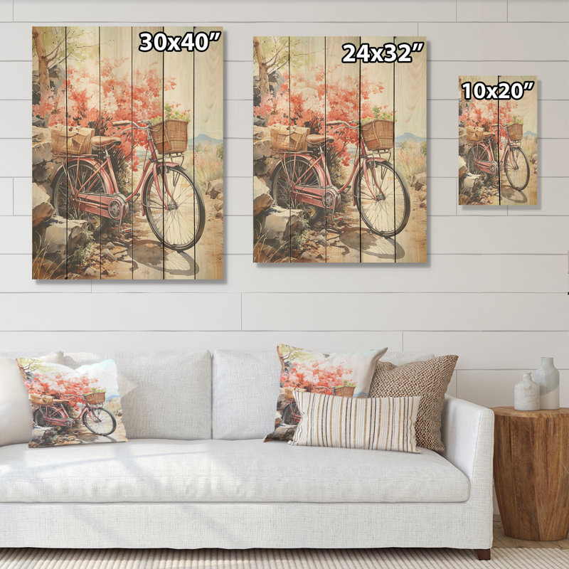 Coral, bicyclette de croisière - art mural en bois de bicyclette sur bois de pin naturel, H 20 po x l 10 po