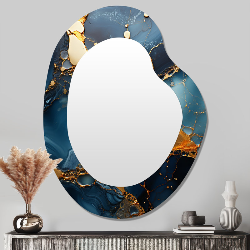 Whitnash or et marbre bleu mosaïque agate V - miroir mural asymétrique abstrait, miroir décoratif de forme unique moderne, impression d'art en métal