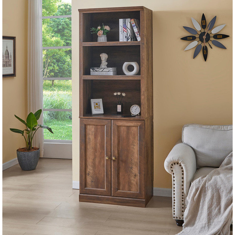 Bibliothèque rustique brune avec port USB - 1 porte et 3 tablettes ouvertes, armoire latérale multifonctionnelle