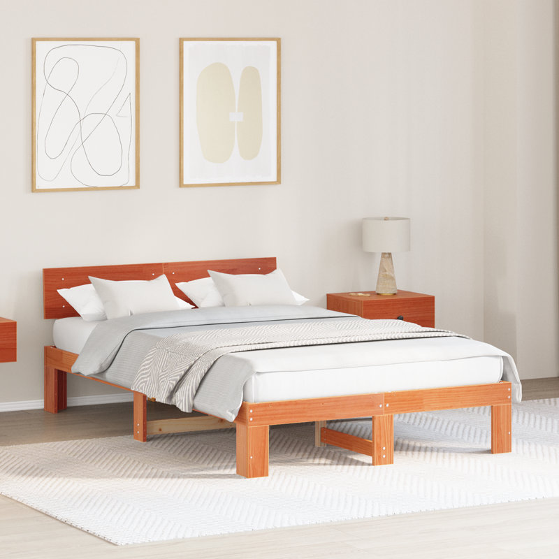 Bed Frame With Headboard Wax Brown Solid Pine Wood