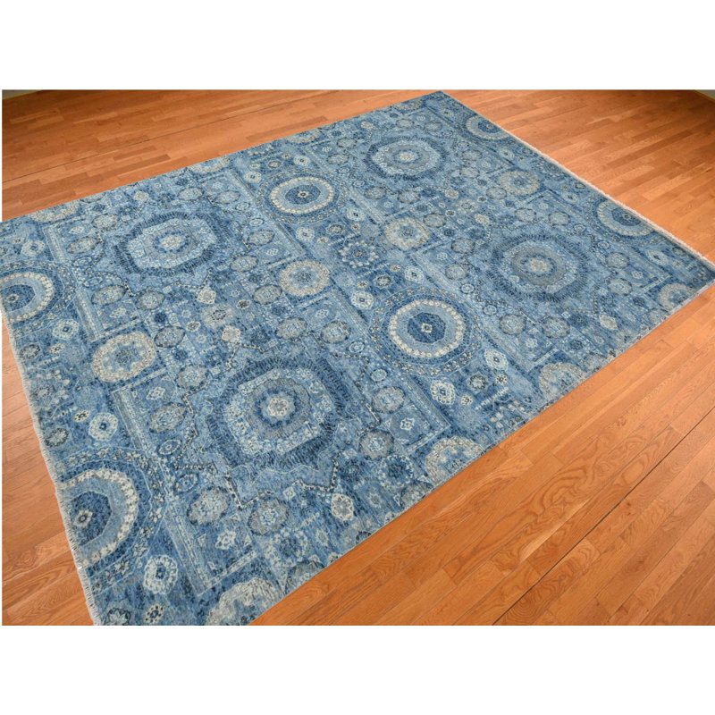 Tapis oriental bleu en soie noué à la main 9 pi 0 po x 12 pi 4 po - MOA10278147
