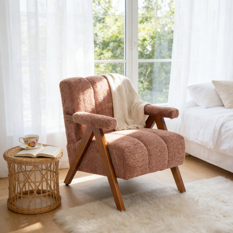 Mid-Century Modern Cloud-Shaped Accent Chair – Soft Chenille Fabric Lounge Armchair with Solid Wood Frame for Living Room, Bedroom, Balcony,