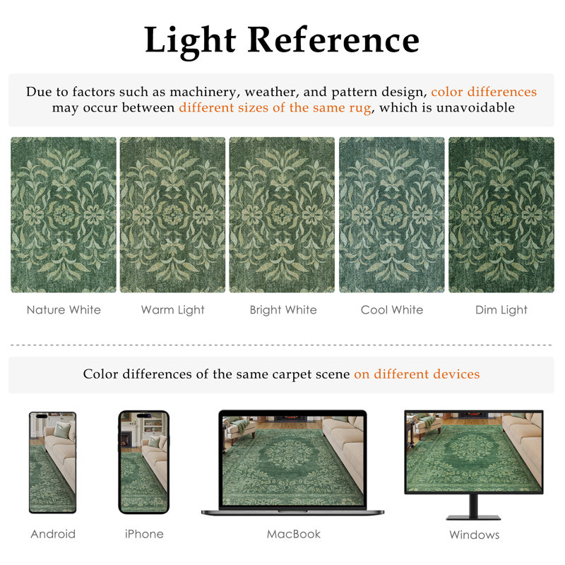 Stella Machine Washable Oriental Area Rug With Non-Slip Backing, Rectangle 2' x 3', Green