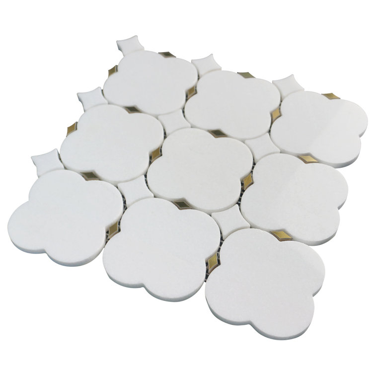 Natural Dorato White And Gold 9.57 In. X 9.57 In. Geometric Polished Marble Mosaic Tile