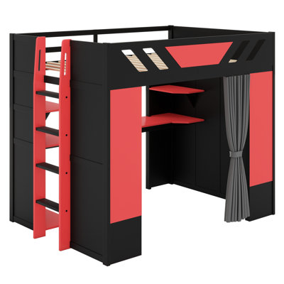 Lit mezzanine en bois pour enfants et adolescents avec bureau, tablettes, rideaux occultants et lumières RVB