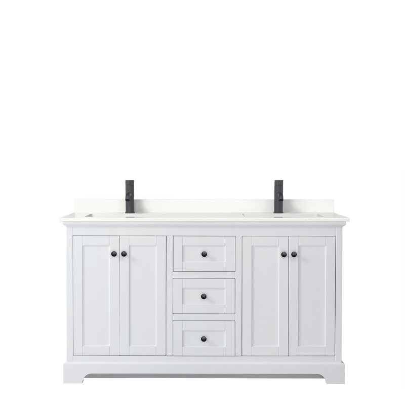 Meuble-lavabo double autoportant avec plateau Avery, Marbre de culture blanc, Blanc, Chrome poli