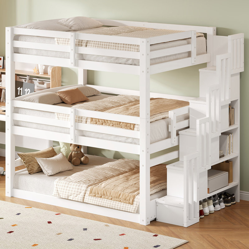 Corwyn Triple Bunk Bed With Storage Staircase And Solid Pine Construction, White
