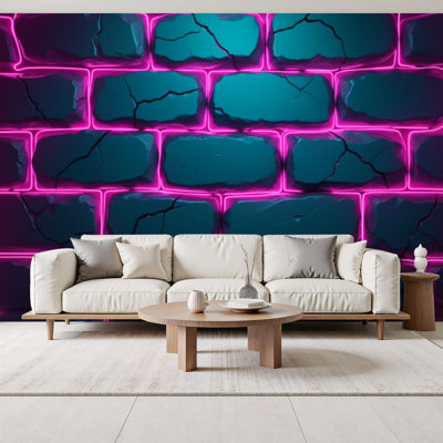 Peel and Stick Wallpaper Neon Pink Glowing Brick Wall Cracked Dark Blue Bricks Abstract Wall Murals 69"H x 96"W Removable PVC Wall Paper Self-Adhesive Wall Decor for Bedroom Living Room Home Office