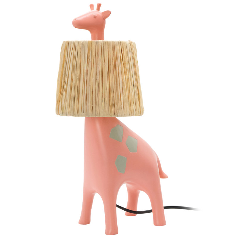 Lampe de table en résine 13,8 po en forme de girafe rose avec abat-jour en raphia et base en résine, Rose