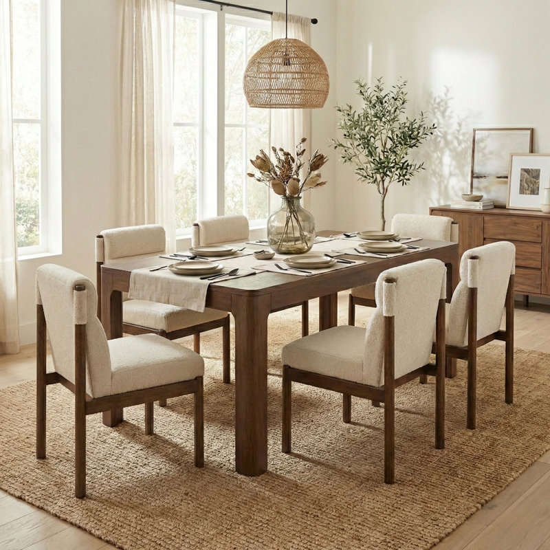 Trev Dining Set With Upholstered Chairs, Walnut, Beige