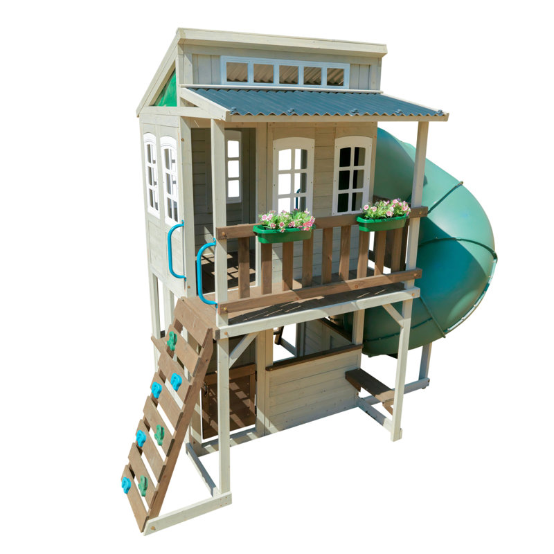 Cozy Escape Wooden Outdoor Two-Story Playhouse with Tube Slide, Kitchen, Rock Wall and Bench - Natural