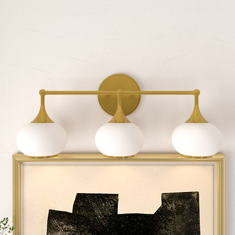 Dimmable Bathroom Wall Light with White Glass Shades, 3, Antique Brass, 27cm H x 60.8cm W x 18.9cm D 