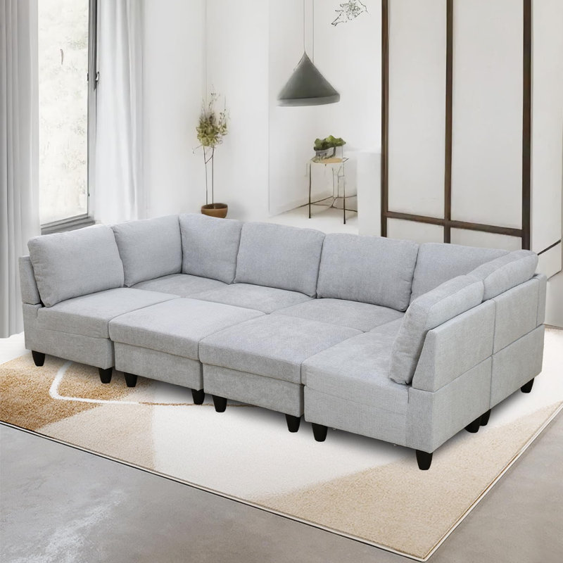 104.5" Wide Reversible Modular Seating Component with Ottoman, White Gray 