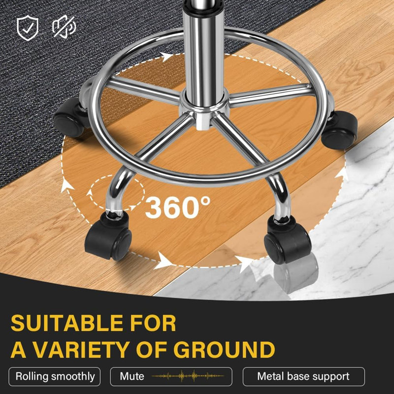 Tabouret carré à roulettes avec repose-pieds et pivotant sur 360 °, 25"