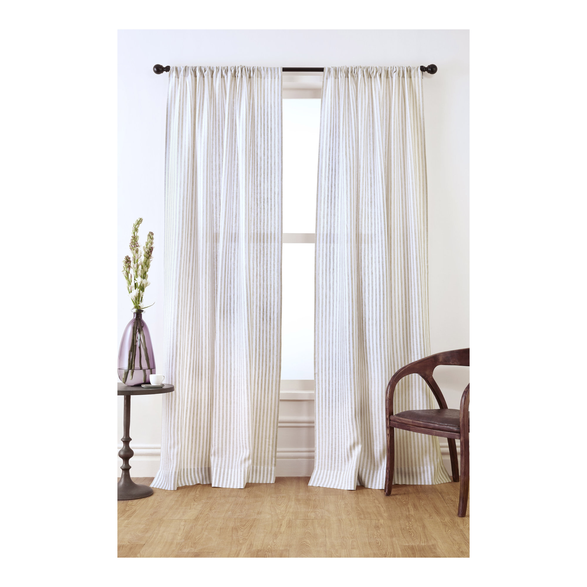  Stripe - 100% Pure Linen Curtain, 52" W x 108" L, Natural and White