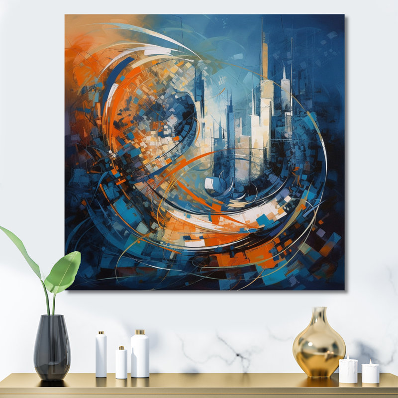 Nori orange et bleu géométrique équilibre IV - art mural abstrait géométrique, H 16 po x l 16 po x P 1 po, Toile tendue
