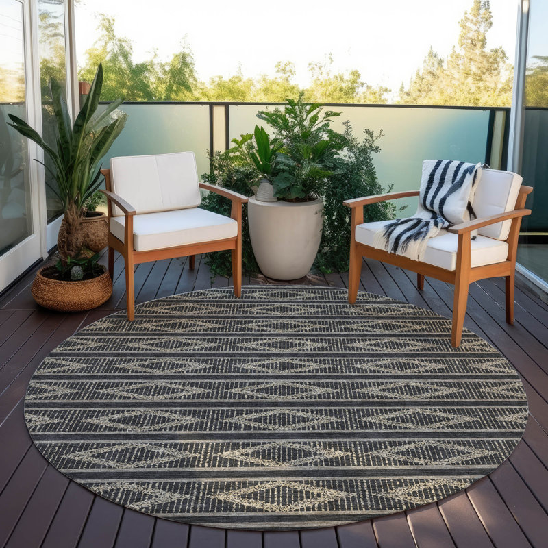 Black and Beige Round Diamond Pattern Washable Synthetic Rug