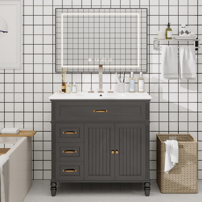 Meuble-lavabo 36 po avec lavabo, armoire de salle de bain noire avec tiroirs, cadre solide et panneau de fibres à densité moyenne, un paquet