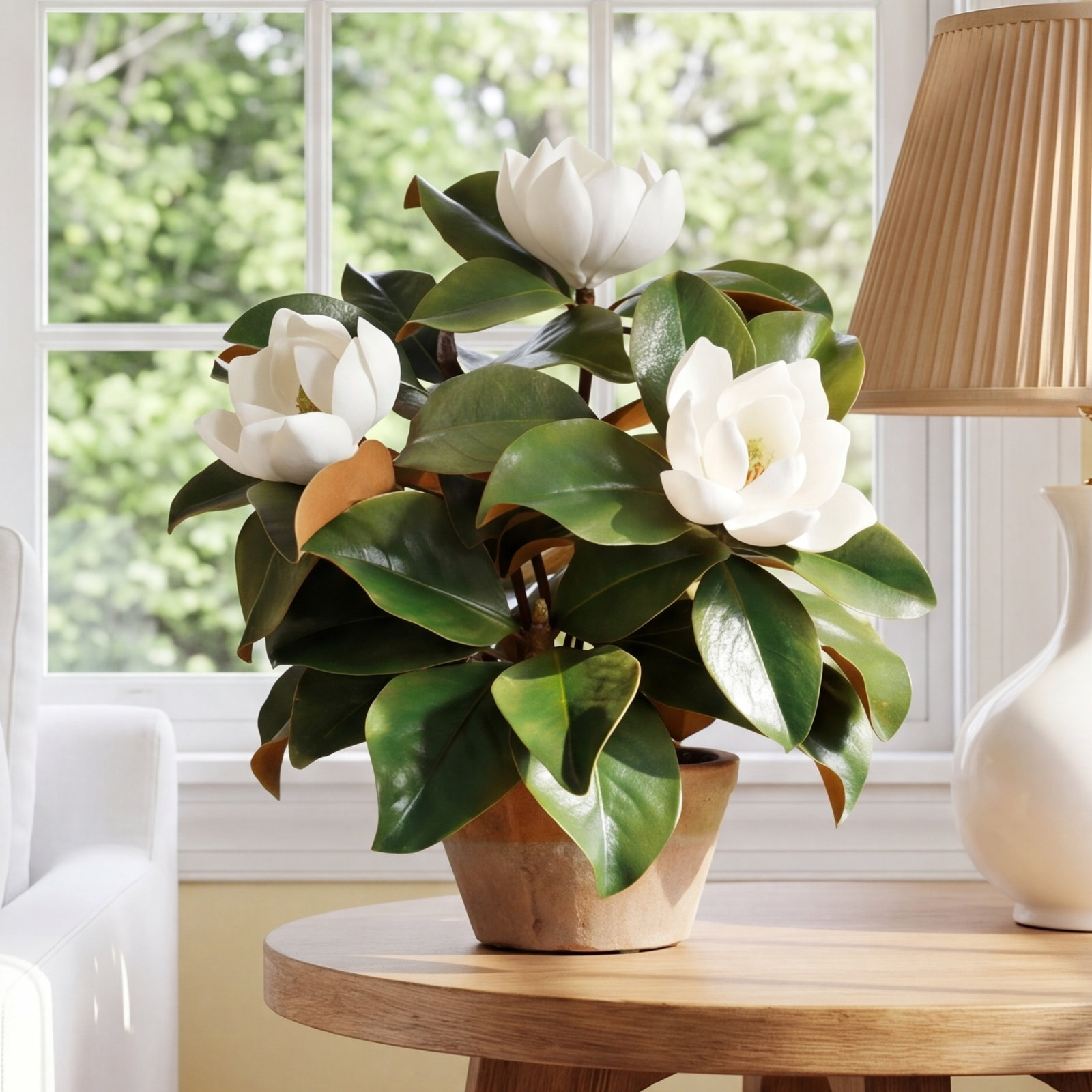 Garden Magnolia Floral Arrangement in Planter, 17" H x 18" W x 18" D