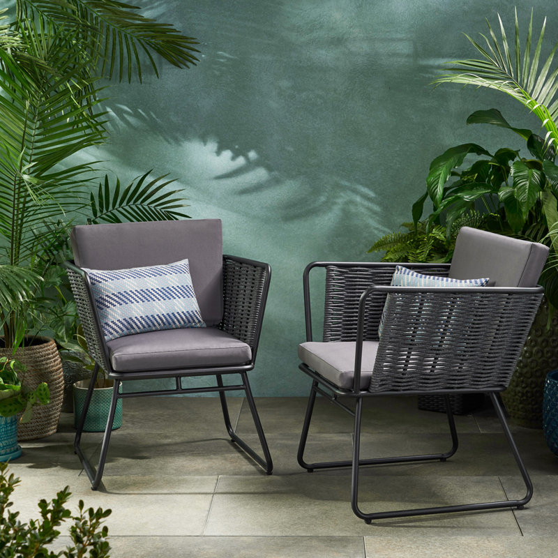  2 fauteuils d'extérieur en osier 2 pièces, coussins gris avec structure en métal robuste, sièges de patio élégants et confortables pour les espaces de jardin, de balcon ou de piscine