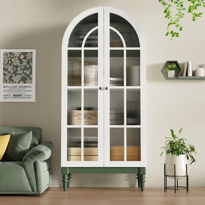 Arched Display Cabinet – 165cm, Fluted Glass Doors, 3 Tiers, Dark Green or Walnut, Green