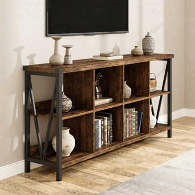 Organisateur de rangement industriel industriel à 8 cubes avec cadre en métal, console rustique de 62 pouces pour salon, vestibule, meuble télé